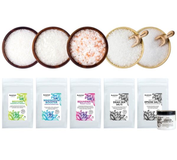 BodySalt Australia Bath Salt are Magnesium Chloride Flakes, Pink Himalayan Rock Salt, Pure Dead Sea Salt and Epsom Salt