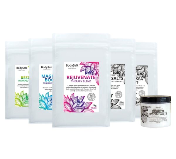 BodySalt Australia Bath Salt are Magnesium Chloride Flakes, Pink Himalayan Rock Salt, Pure Dead Sea Salt and Epsom Salt